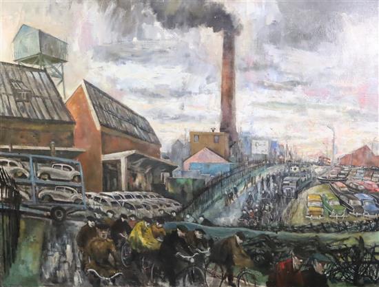 Modern British Cowley Motorworks, Oxford and The Farmers Market, Oxford verso 35 x 47in., unframed